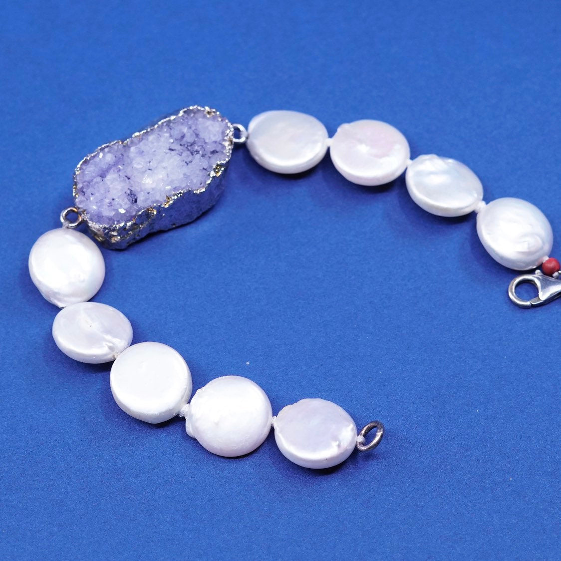 6.75", Sterling silver handmade bracelet, 925 clasp w/ pearl beads N amethyst