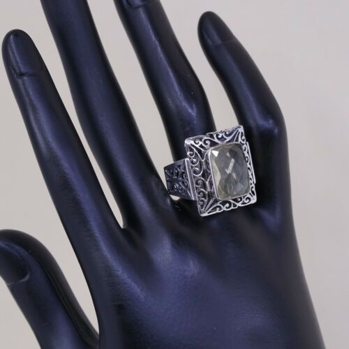 Sz 9, Vtg Sterling Silver Handmade Ring, 925 W/ Checker Cut Chalcedony Aqua