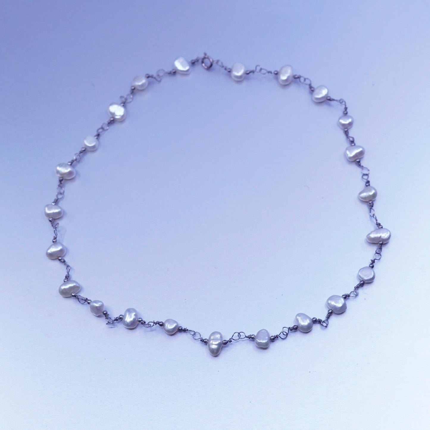 17”, Native American Sterling 925 silver handmade necklace with pearl beads