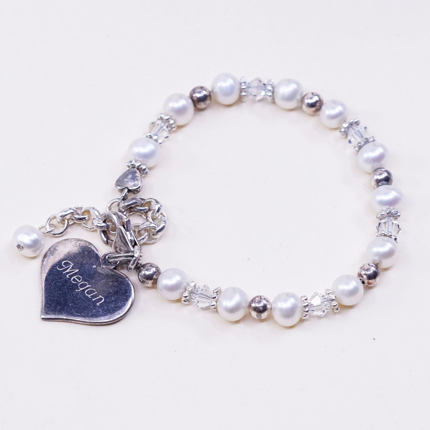 6”, vtg sterling 925 silver handmade bracelet, pearl beads w/ heart charm Megan
