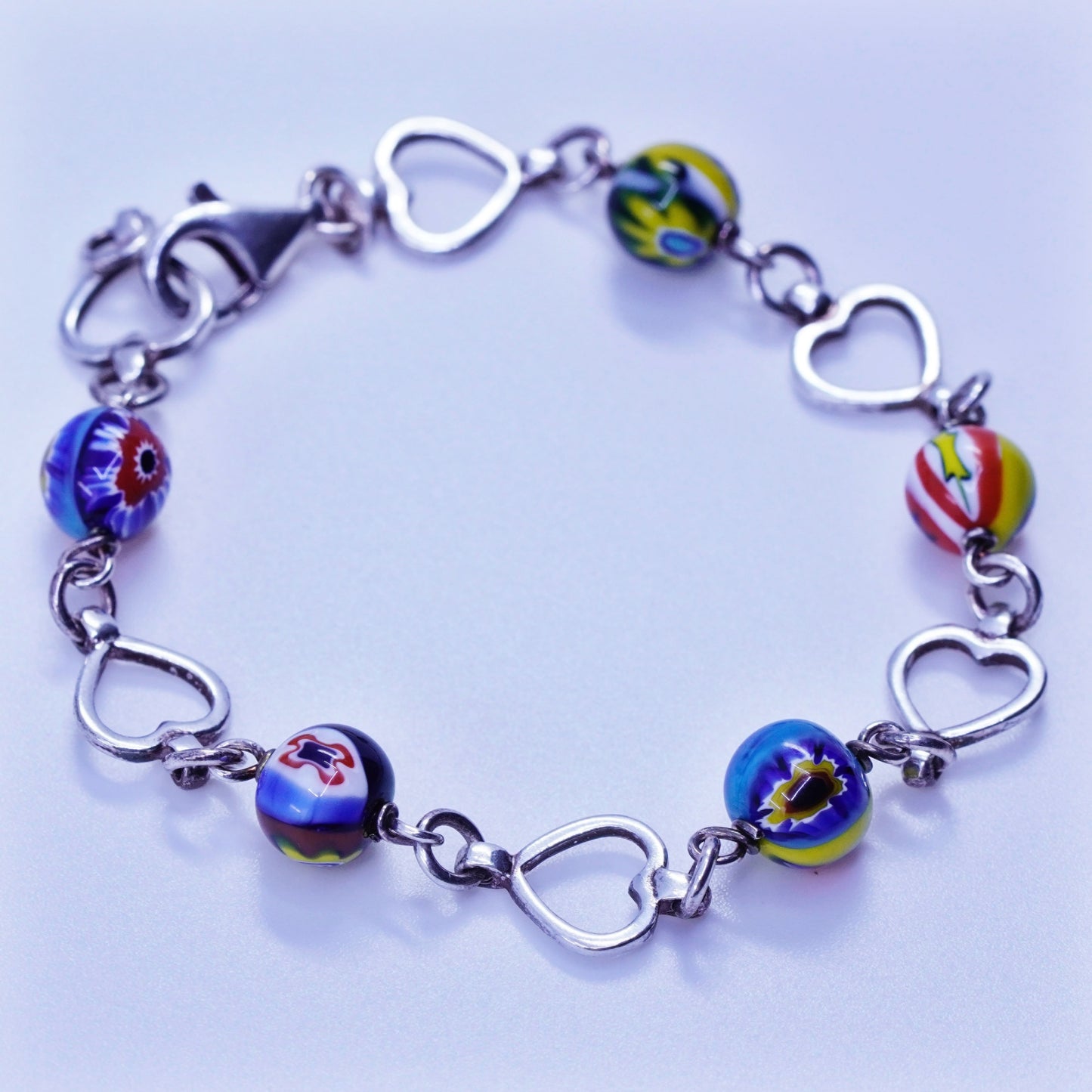 6.25”, jewelry | Sterling 925 silver bracelet, heart chain murano glass beads