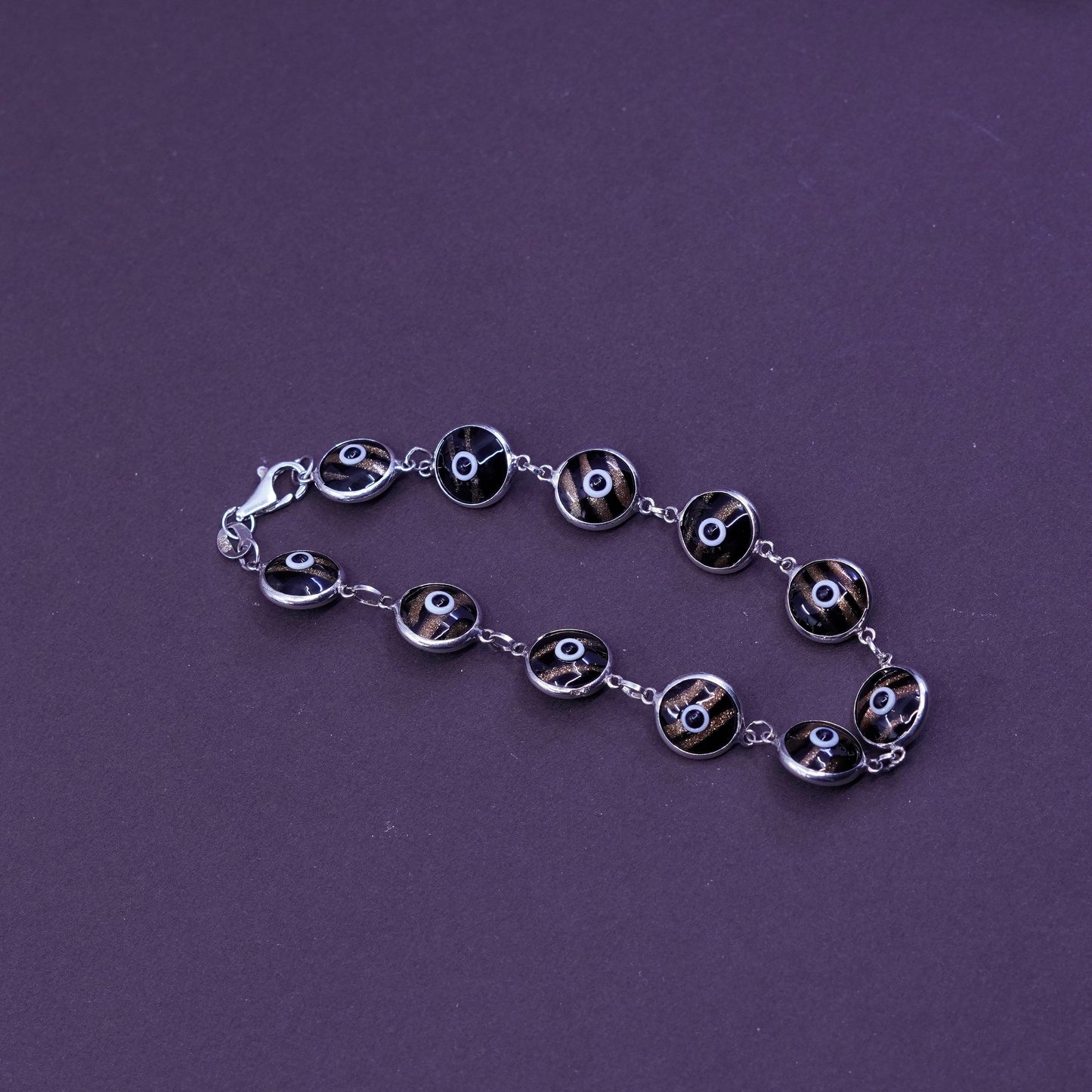 7”, vtg sterling 925 silver handmade bracelet w/ foiled glass evil eye bracelet