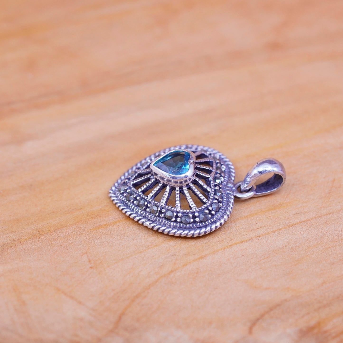 Sterling 925 silver handmade filigree heart pendant w/ blue topaz and Marcasite