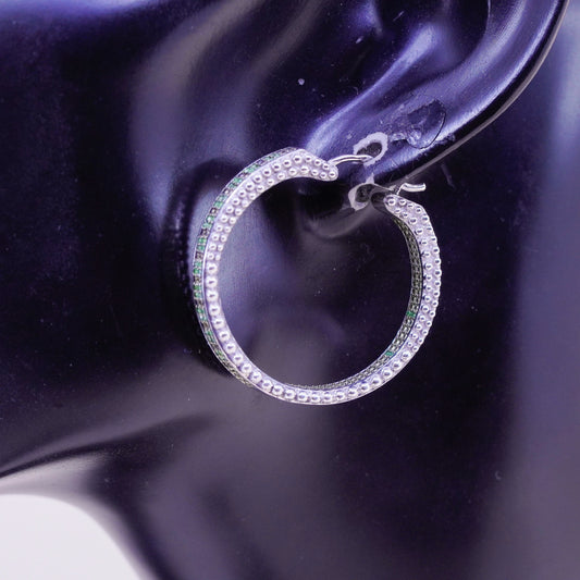 1.25”, sterling silver earrings, 925 silver hoops, Huggie with cluster emerald