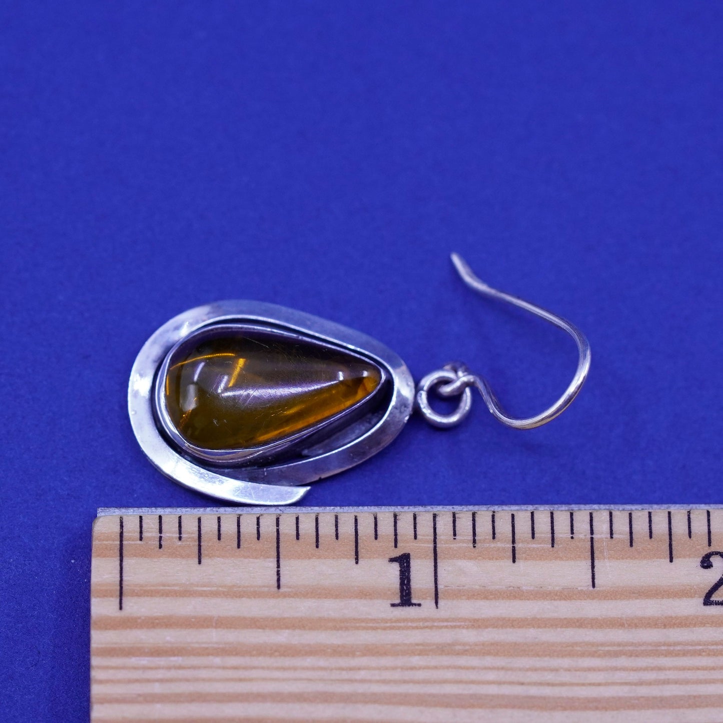 Vintage sterling 925 silver handmade earrings with teardrop amber