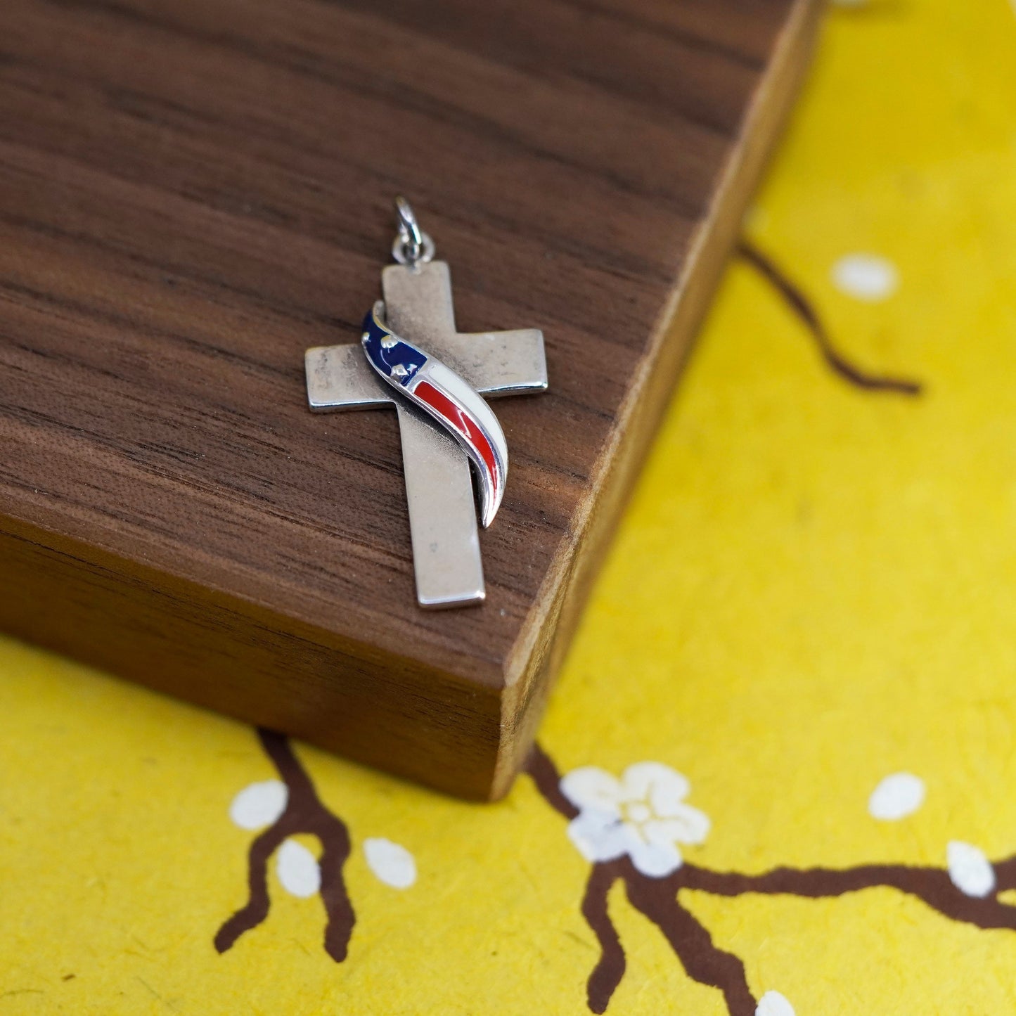 Vintage Sterling silver handmade pendant, 925 cross with enamel flag