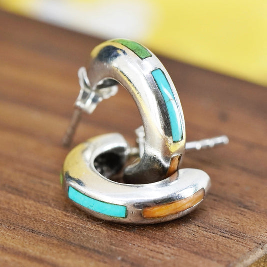 0.5”, Native American Sterling silver earrings, 925 huggie studs with turquoise