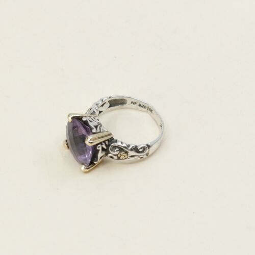 Sz 6.75, Sterling Silver handmade Ring, 925 Ring W/ amethyst n 14K Gold Accent