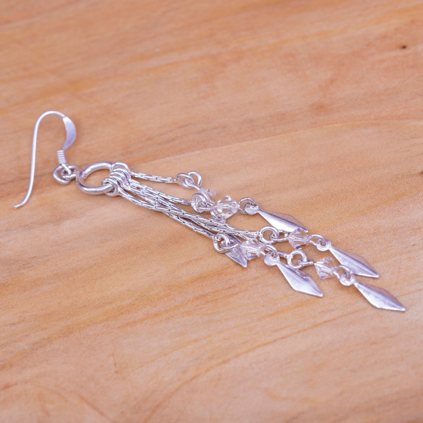 Vintage Sterling 925 silver handmade earrings with crystal and fringe dangles