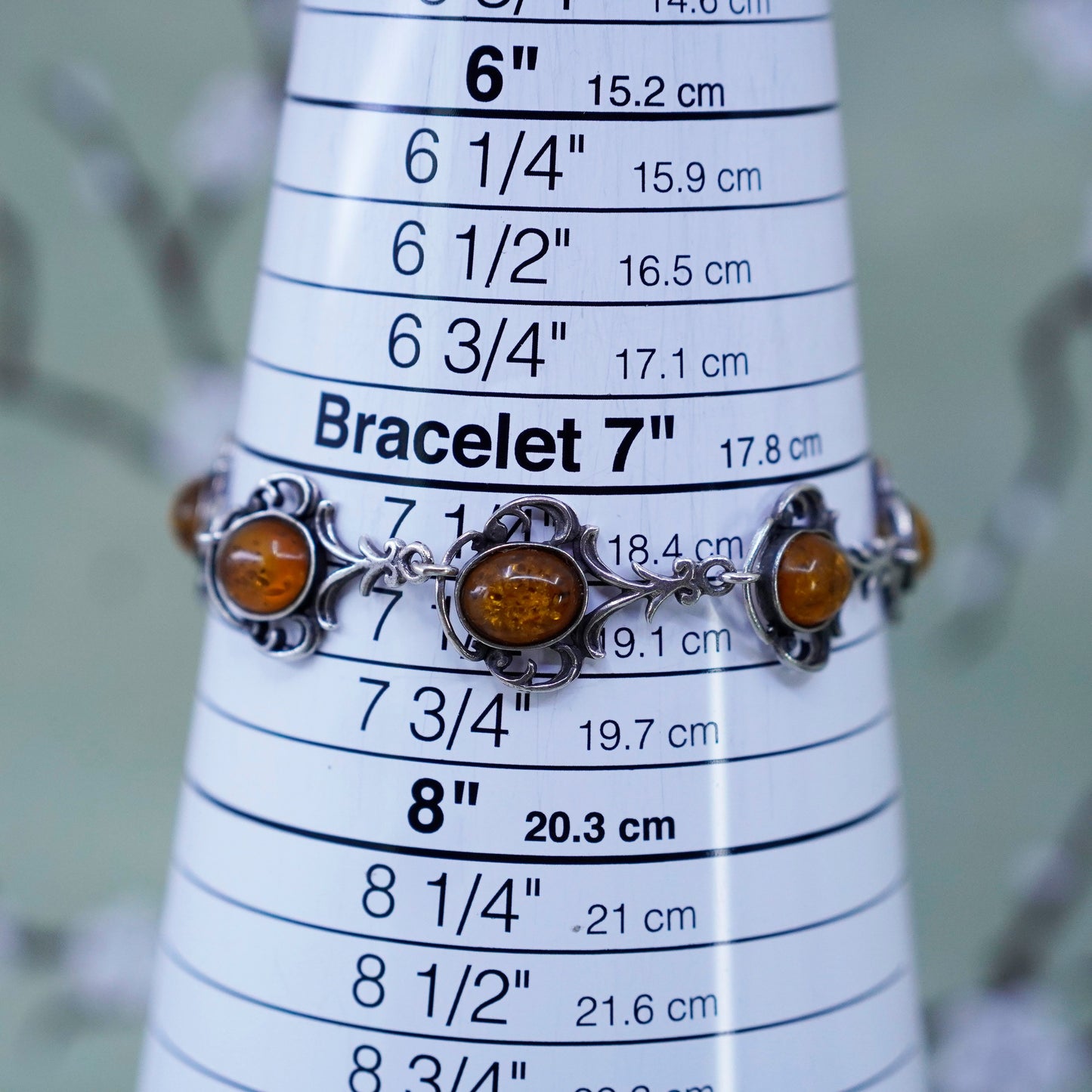 7.5”, Vintage sterling 925 silver handmade tennis bracelet with amber
