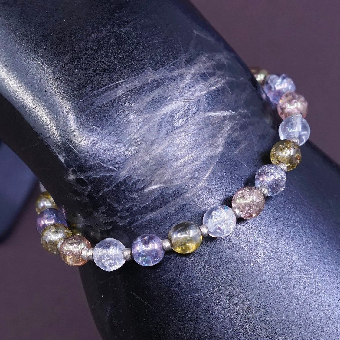 7", vtg Sterling silver handmade chain crystal beads bracelet w/ toggle closure