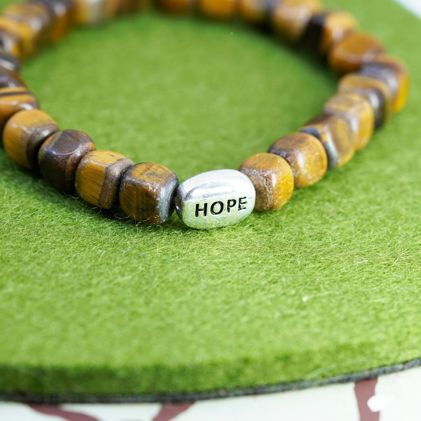 6.5”, Bracelet with golden tiger eye beads with sterling 925 silver charm “hope