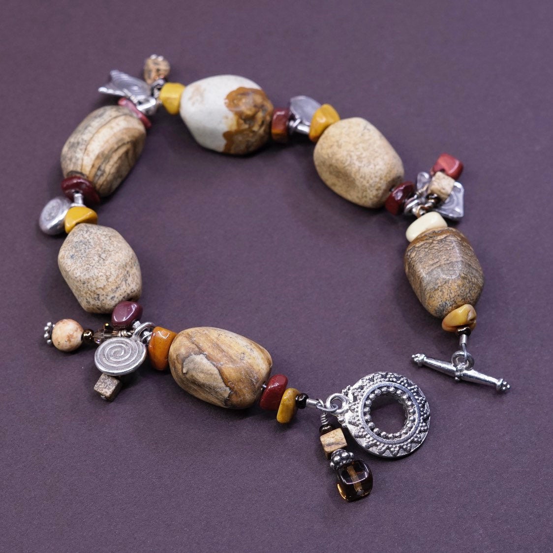 6.75”, vtg Sterling silver handmade chain, 925 beads w/ Jasper nuggets bracelet