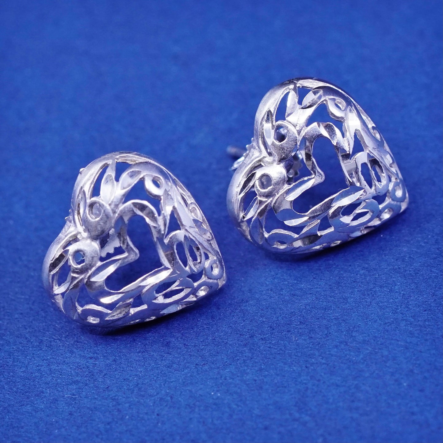 Vintage sterling silver handmade earrings, 925 filigree heart studs