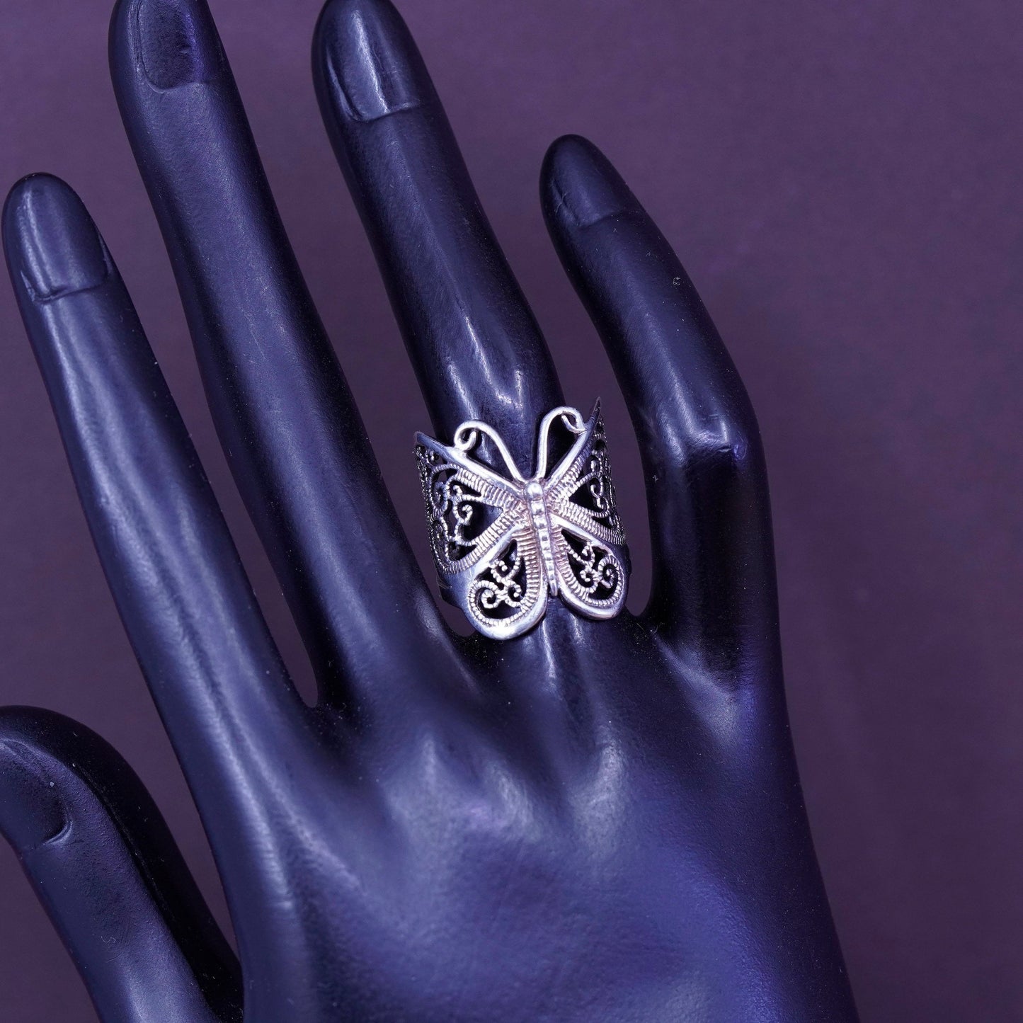 Size 6.5, Vintage Sterling silver handmade ring, 925 filigree butterfly band