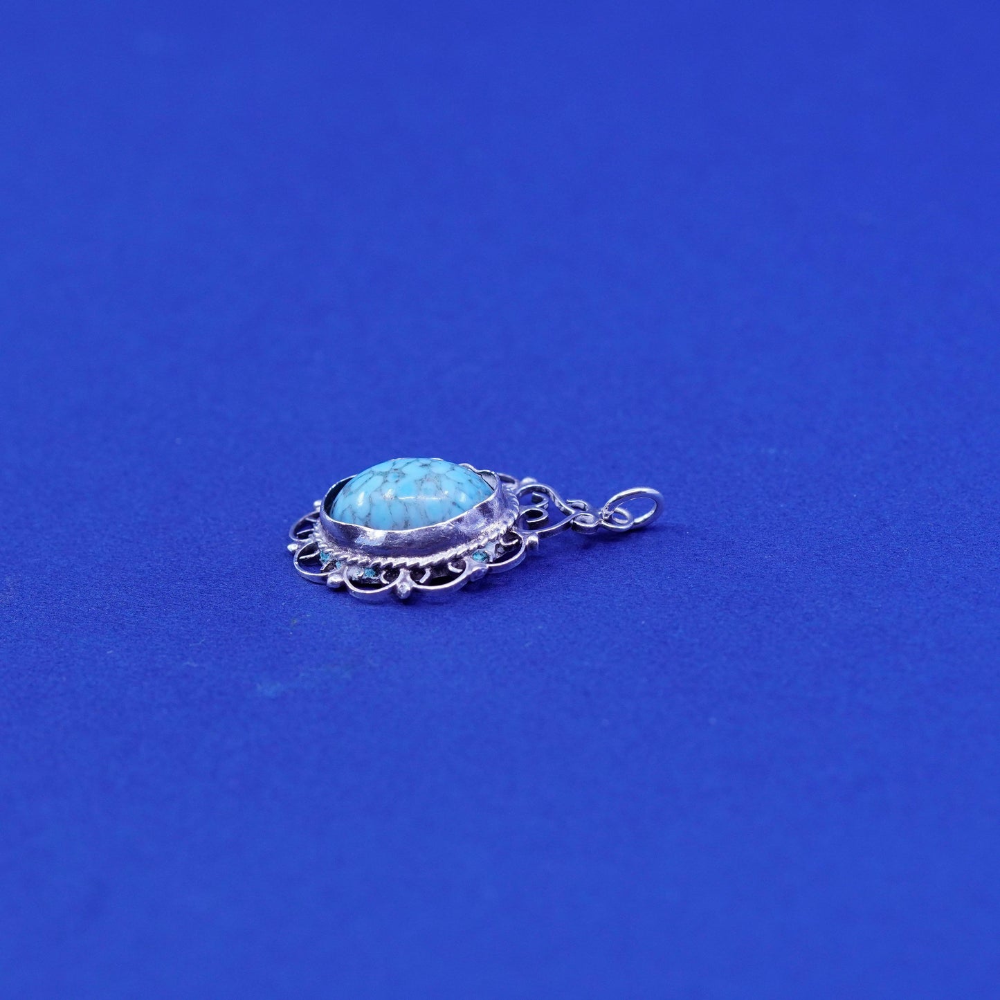 Vintage Sterling silver handmade pendant, 925 filigree with oval turquoise