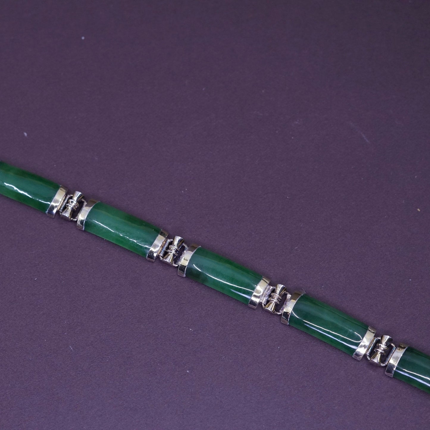7.25”, vtg vermeil gold over Sterling 925 silver tennis bracelet w/ green jade