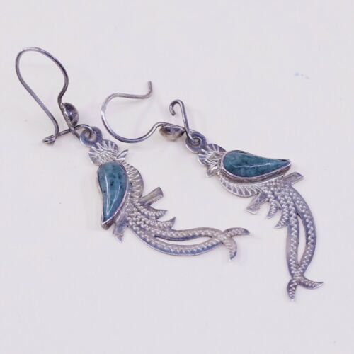 Vintage Southwestern handmade Sterling 925 Silver Peacock Earrings W/ Jade