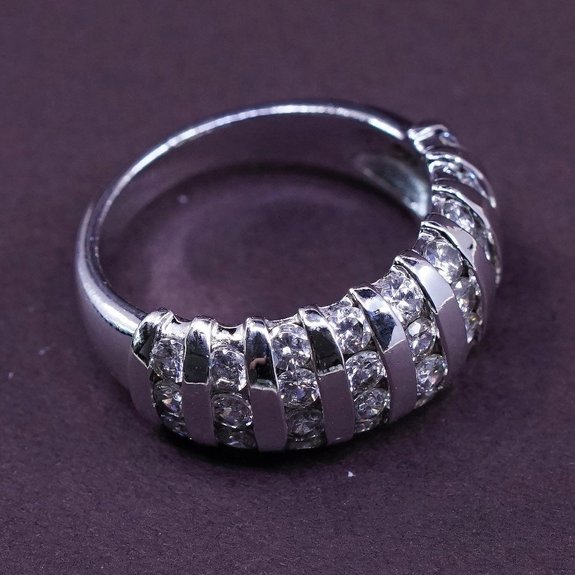 sz 5.75, vtg Sterling silver handmade ring, modern 925 band w/ cz