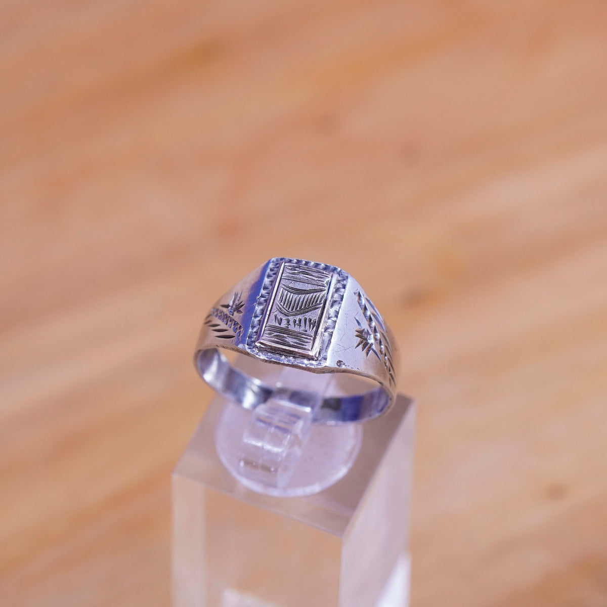 size 9, vtg Sterling silver handmade ring, statement 900 band with GF athen top