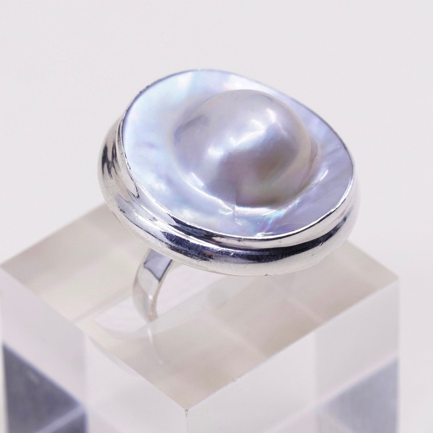 sz 7, vtg SLJ Sterling silver handmade ring, modern 925 band w/ bluster pearl