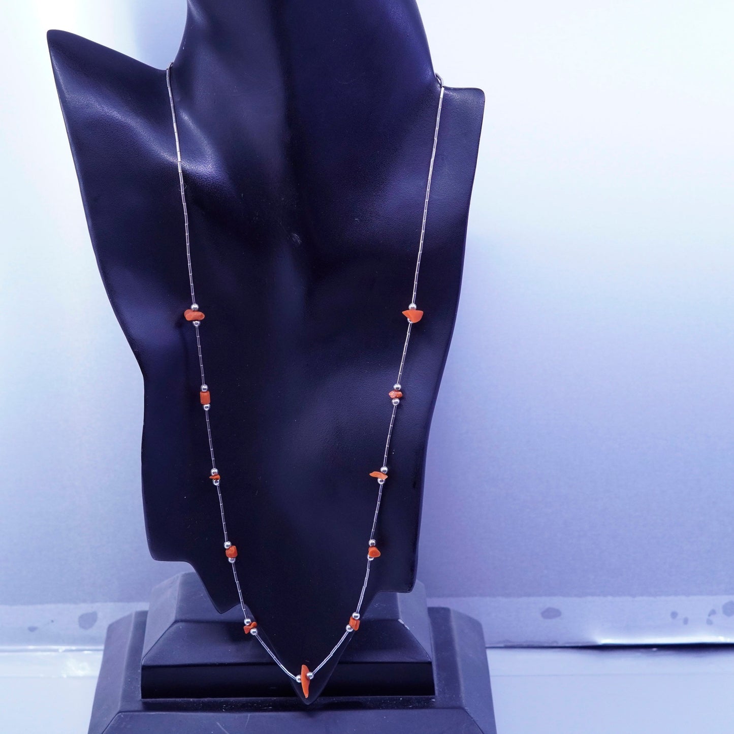 24”, Native American Sterling 925 liquid silver handmade necklace coral beads