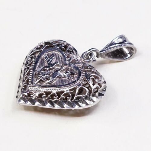 Vintage Sterling Silver Handmade Heart Pendant, 925 Silver Puffy Filigree Charm