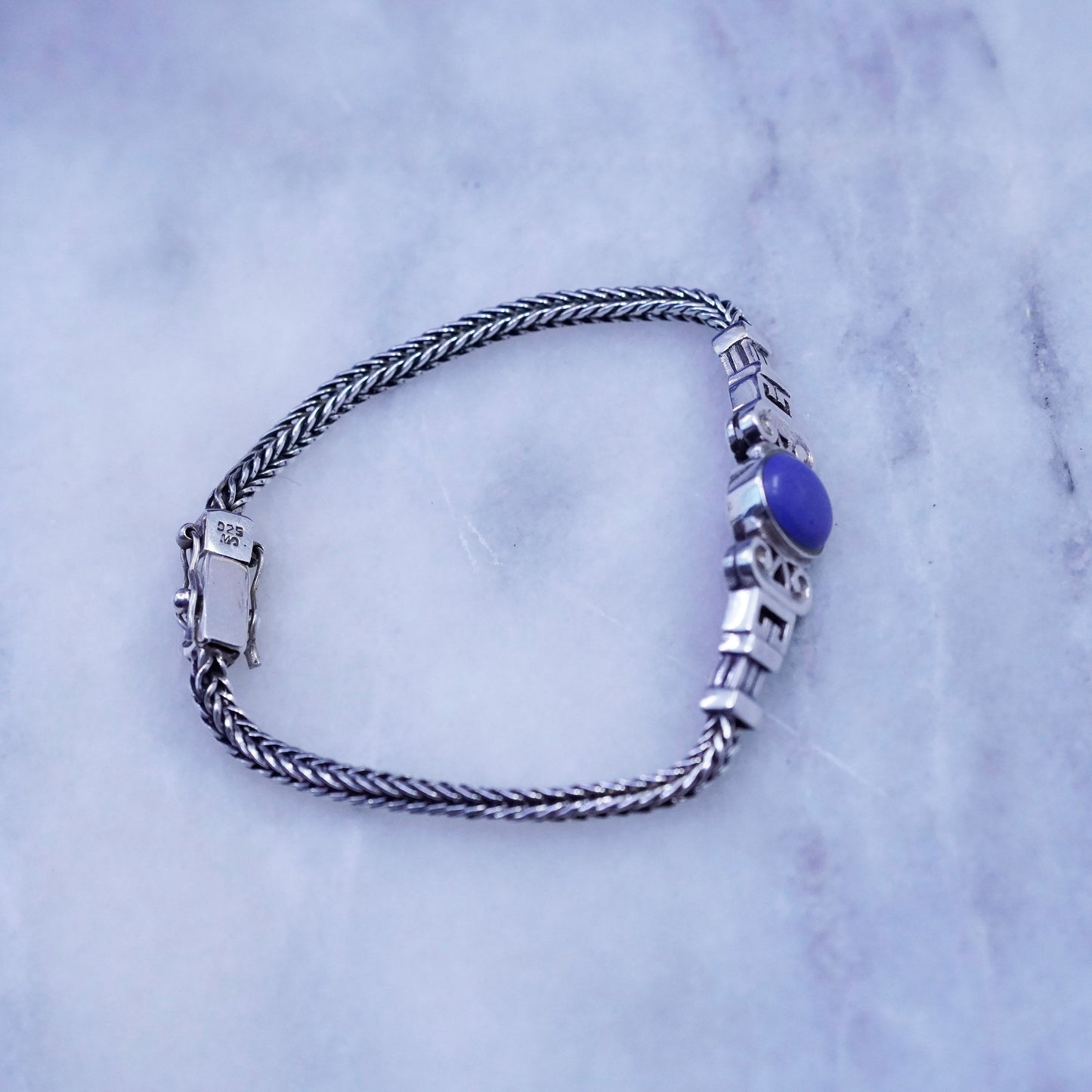6.75”, vintage Sterling silver handmade bracelet, bold 925 wheat chain sodalite