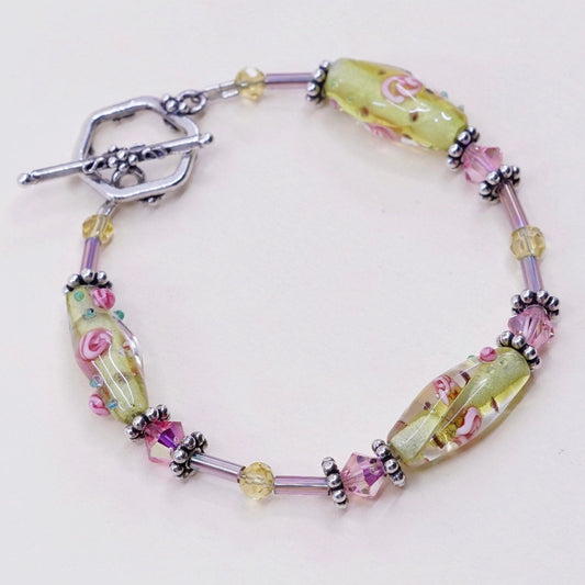 6.5”, vintage handmade bracelet with artisan glass and toggle closure