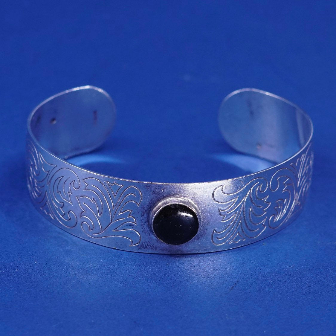 7.5", vtg Southwestern sterling silver handmade bracelet, 925 w/ obsidian