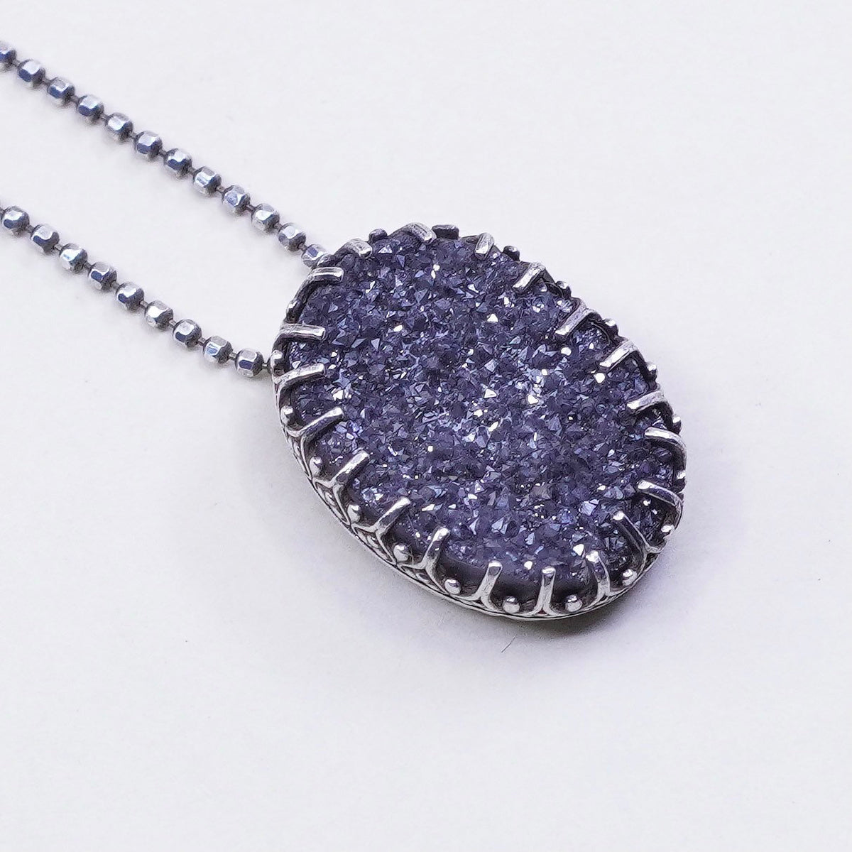 16”, vintage sterling silver handmade necklace, 925 bead chain with druzy stone