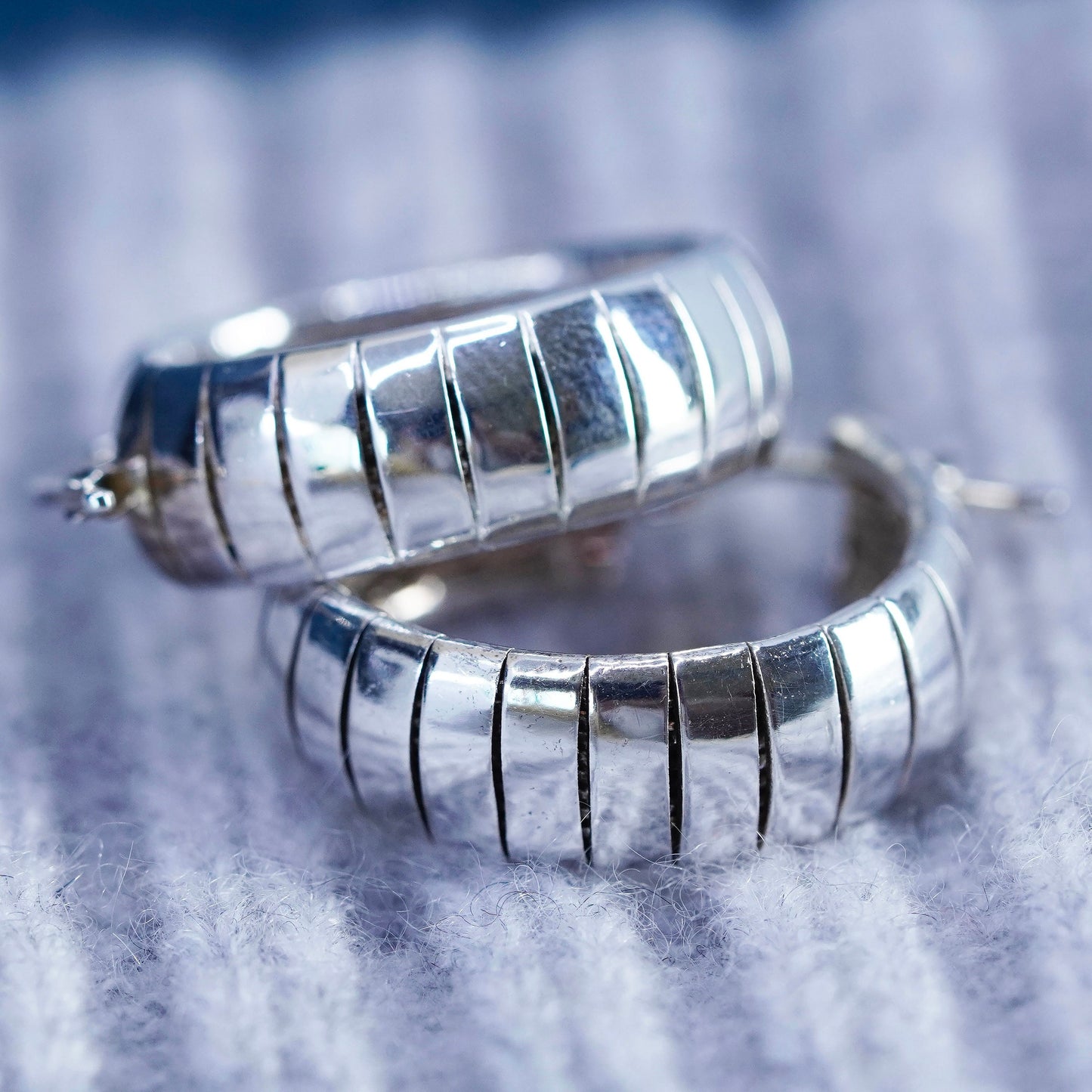 0.75”, vintage Sterling silver handmade hoop earrings, 925 ribbed huggie