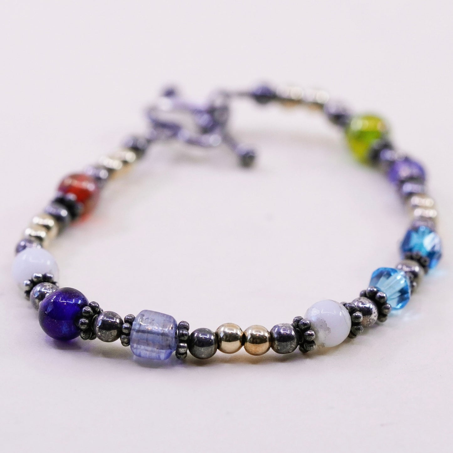 7”, Sterling 925 silver bracelet with 14K gold beads and heart toggle closure