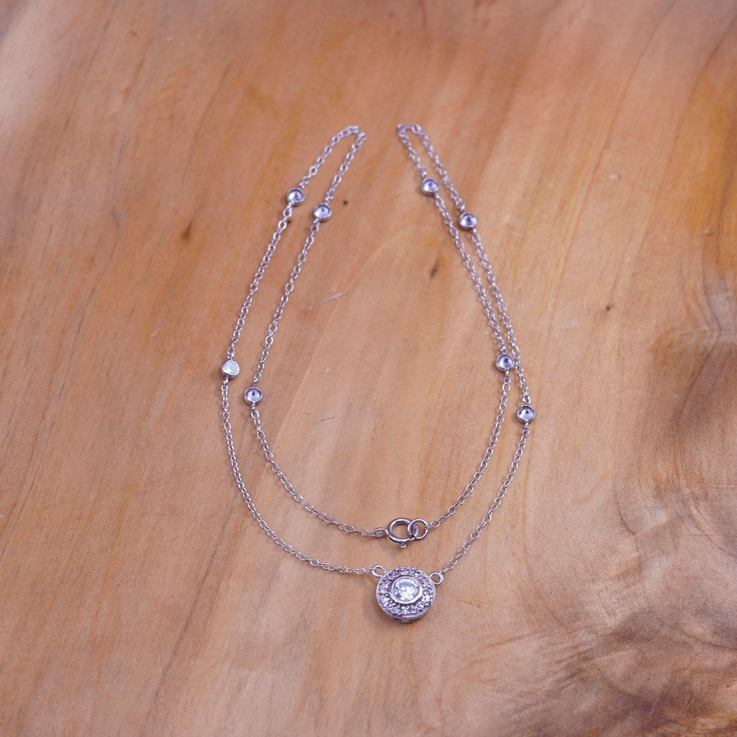 16”, vintage Sterling silver necklace, 925 circle chain with Cz pendant