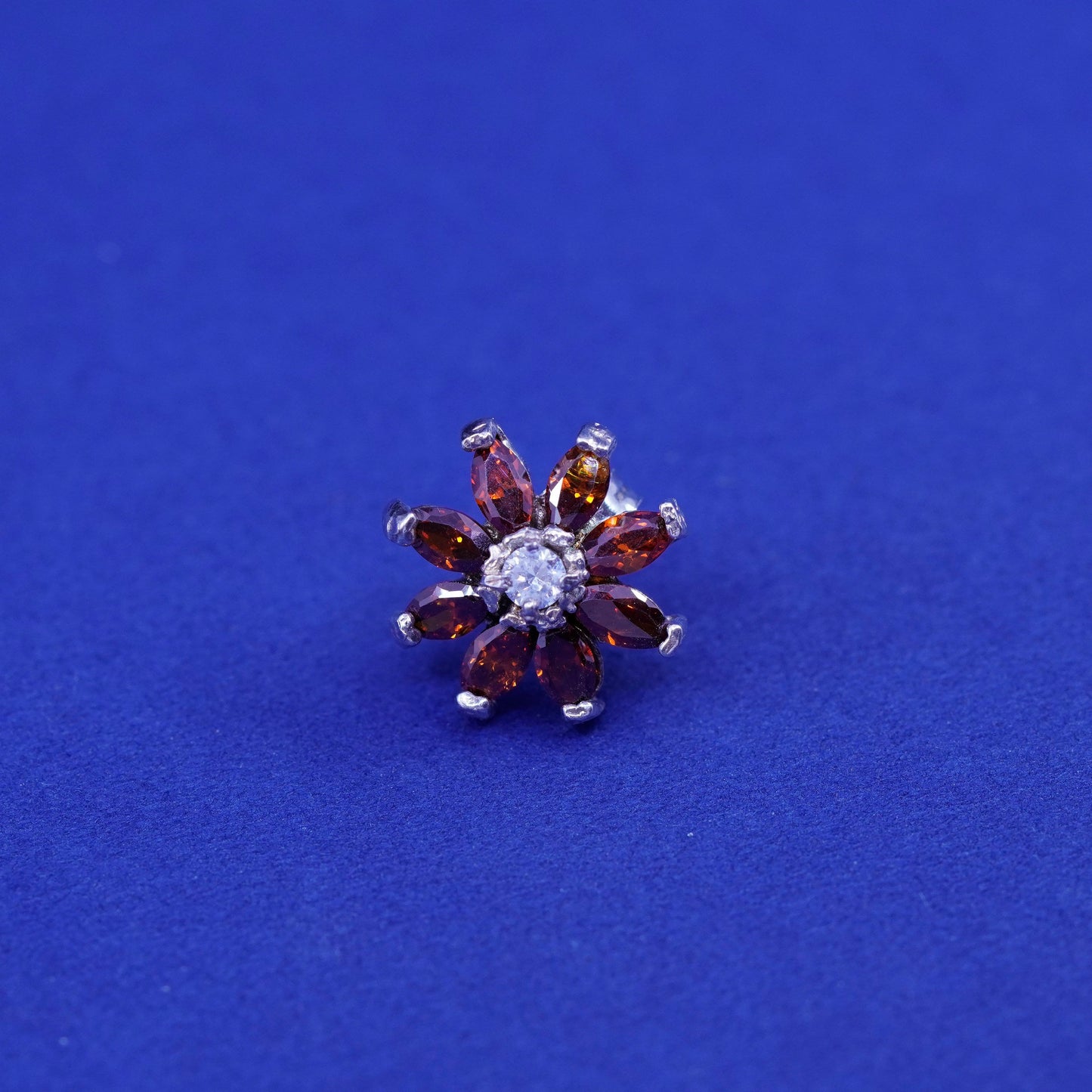 Vintage Sterling silver handmade earrings, 925 flower studs with ruby
