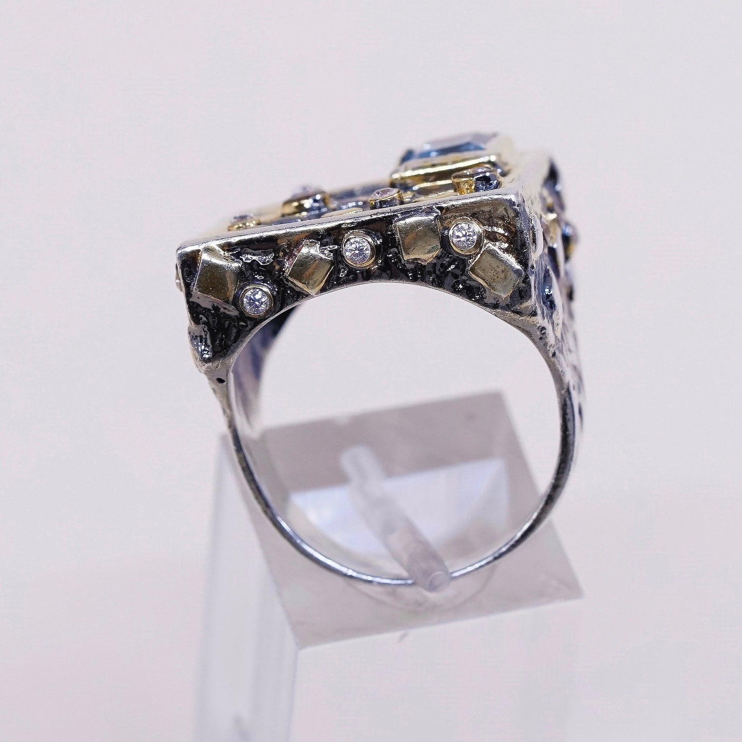 Size 8.5, vtg two tone sterling 925 silver statement ring w/ topaz N crystal