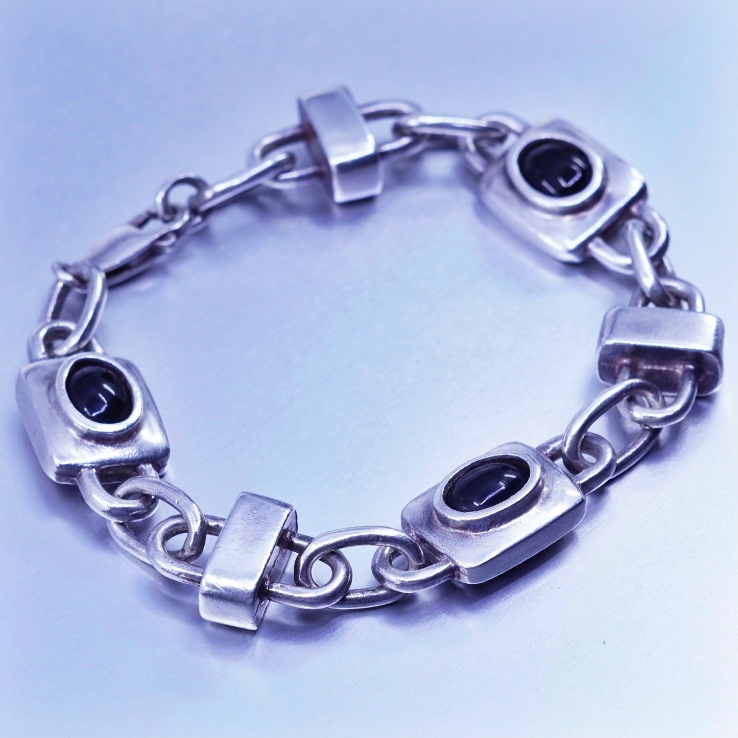 6.75”, vintage Sterling 925 silver handmade bold bracelet with obsidian beads