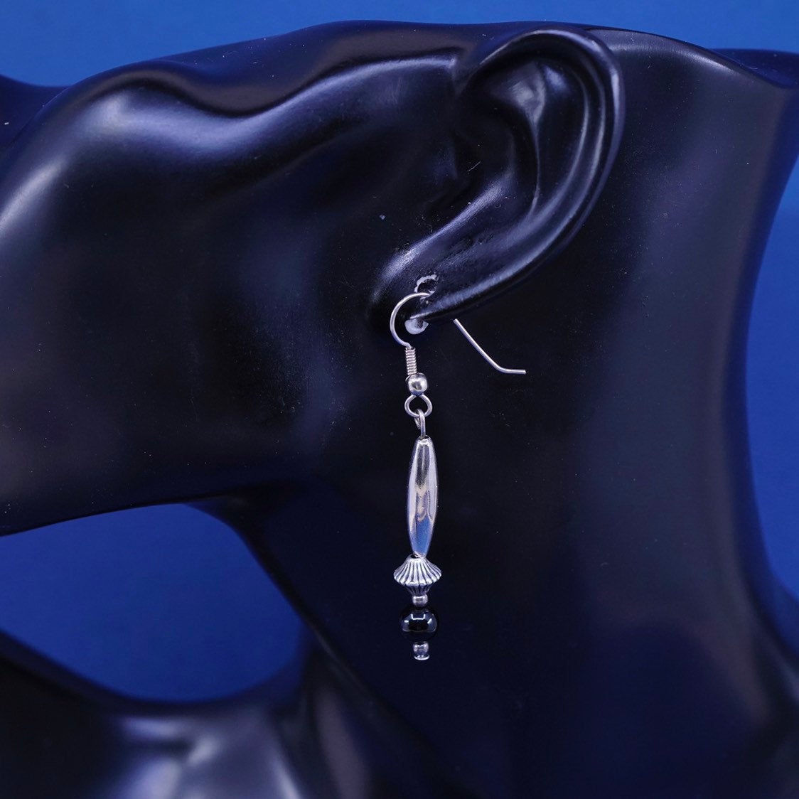 Silver Tone handmade earrings with obsidian beads dangle