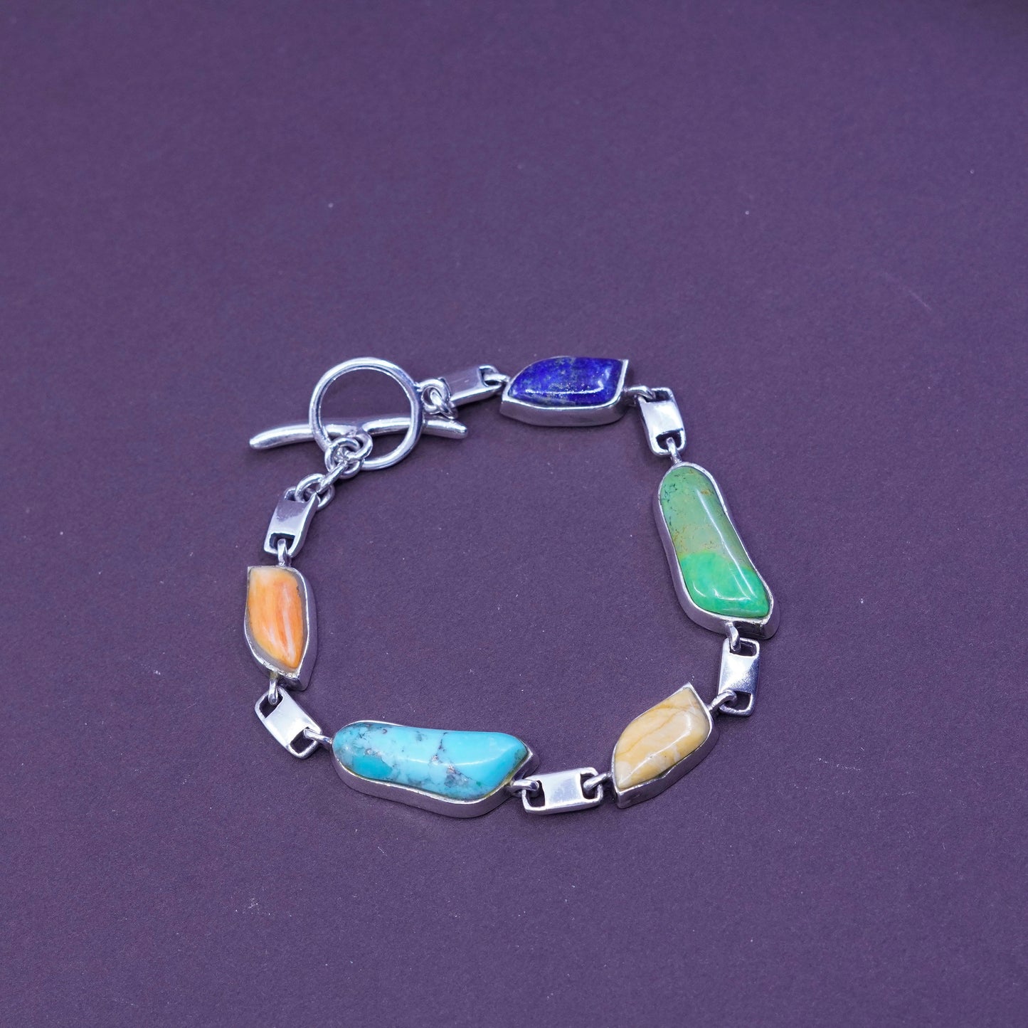 6.75”, mexico Sterling 925 silver bracelet with lapis lazuli amber turquoise