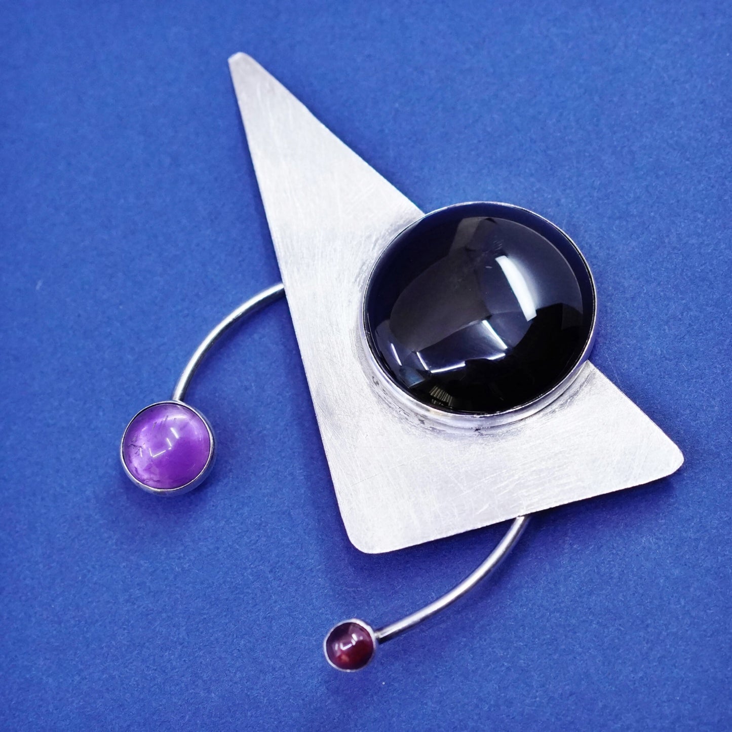 Vintage Sterling silver handmade brooch, 925 modern obsidian pin amethyst beads