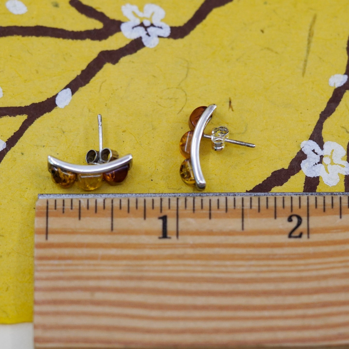 Vintage Sterling Silver Handmade earrings, 925 studs with amber, modernist