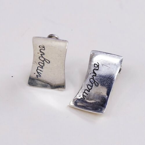 Vtg Modern Sterling Silver 925 EARRINGS, Square Clip On Embossed “imagine”
