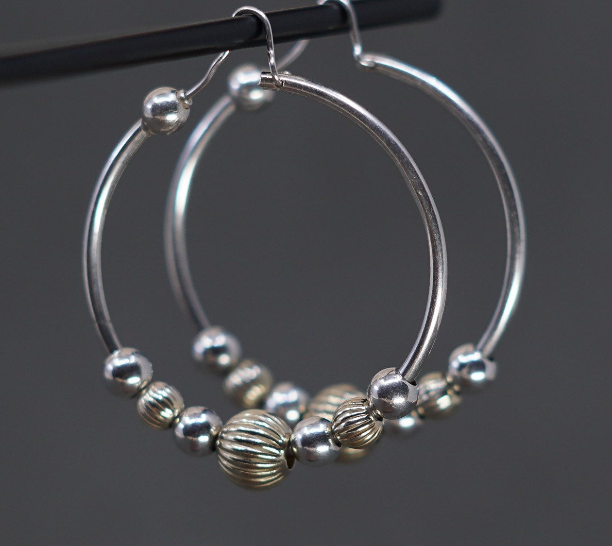 1.5", vtg Two Tone Sterling silver hoops, 925 flatten huggie earrings N beads
