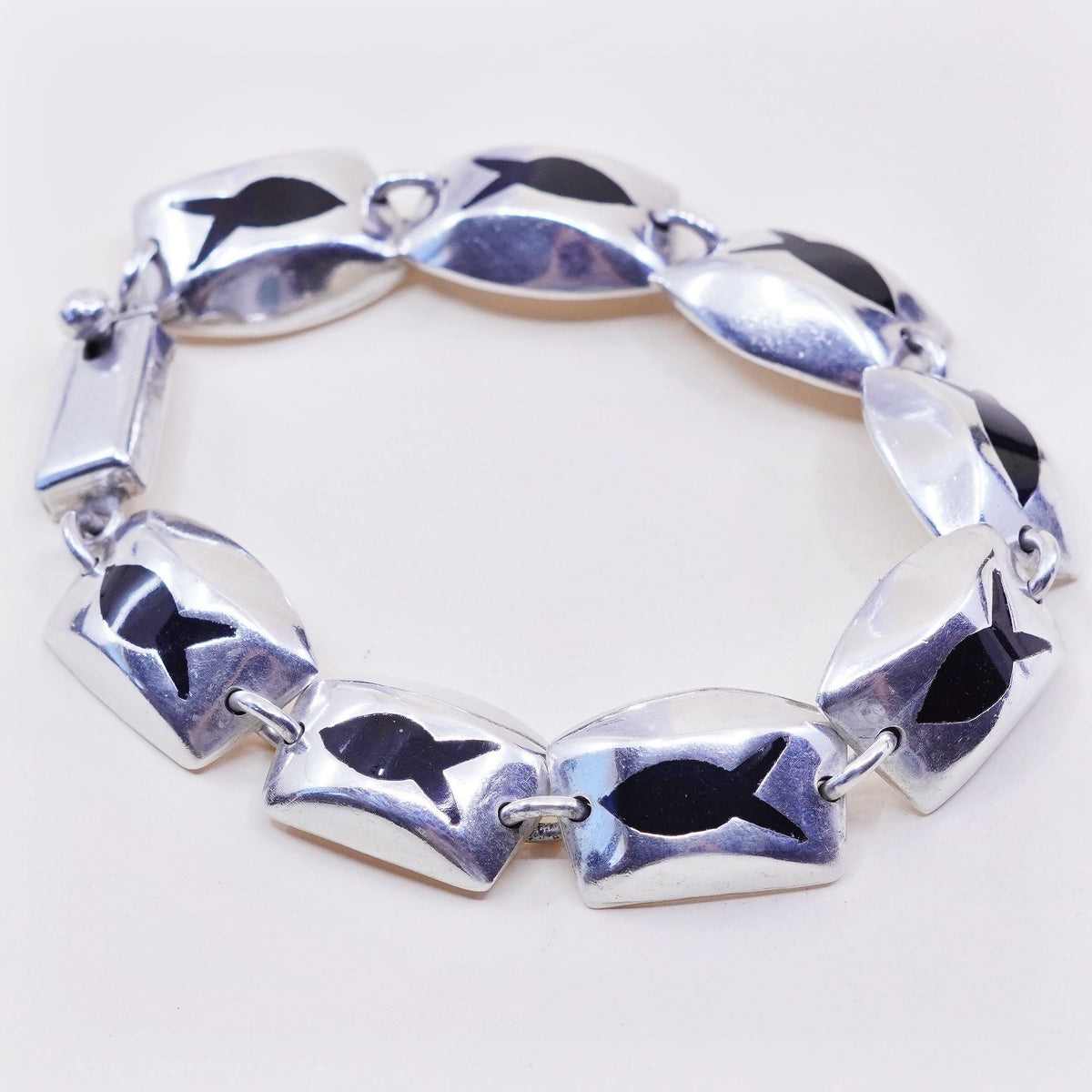 7.25”, mexico handmade sterling 925 silver tennis bracelet w/ black enamel fish