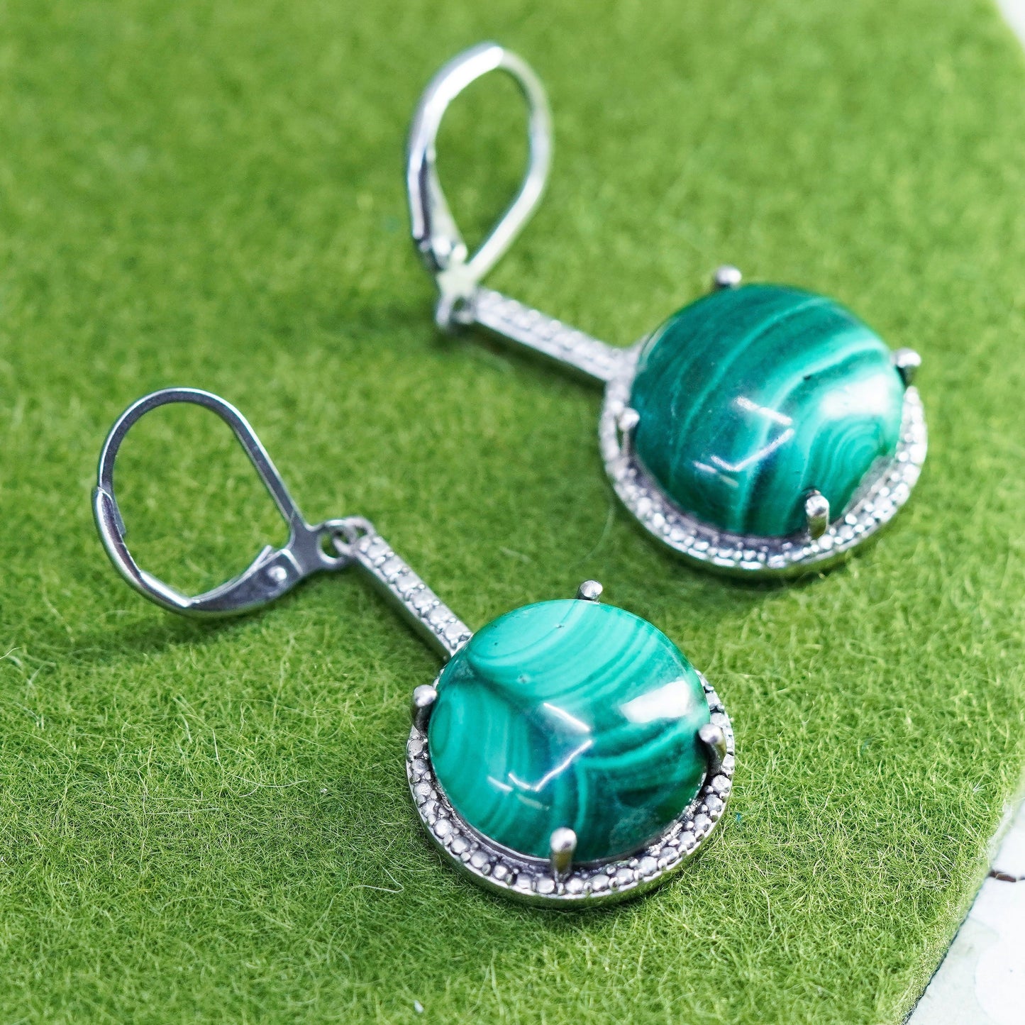 Vintage Karis sterling 925 silver handmade earrings with round malachite