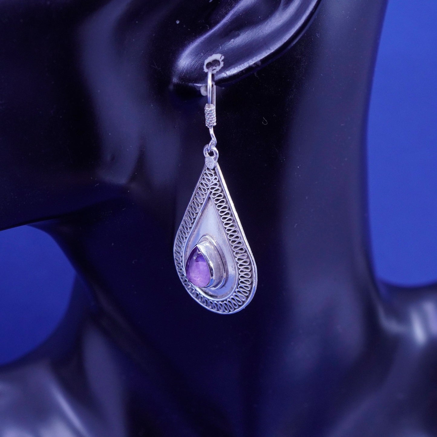 Vintage sterling 925 silver handmade earrings with teardrop amethyst