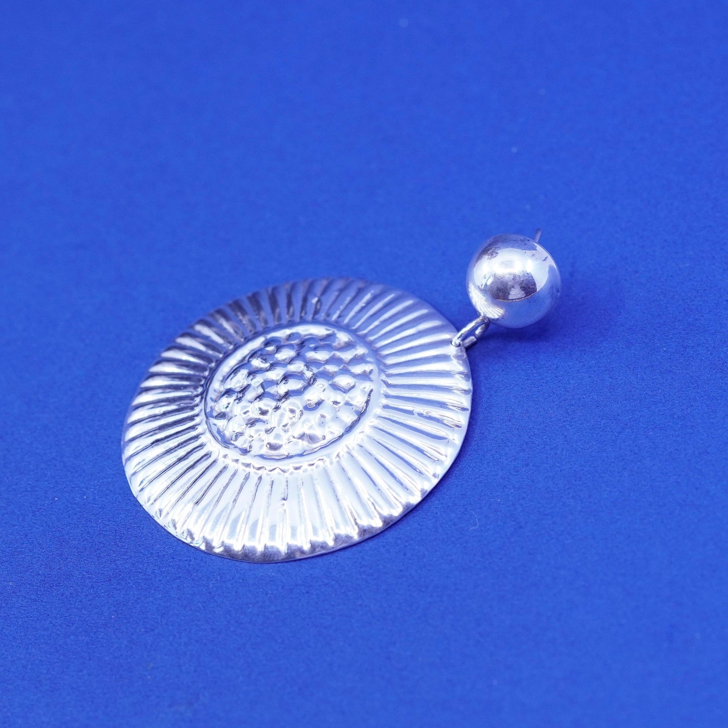 Vintage Sterling Silver handmade Earrings. Huge 925 ribbed circle disc