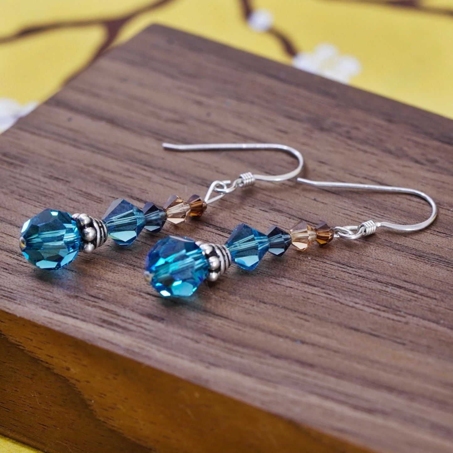Vintage Sterling 925 silver handmade earrings with blue crystal dangles
