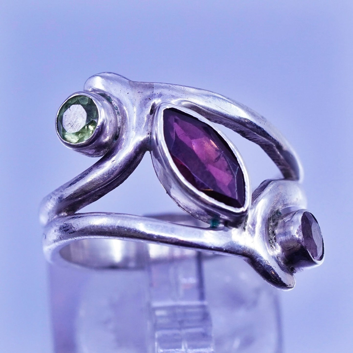 Size 7.5, vintage Sterling 925 silver handmade wide ring amethyst ruby peridot