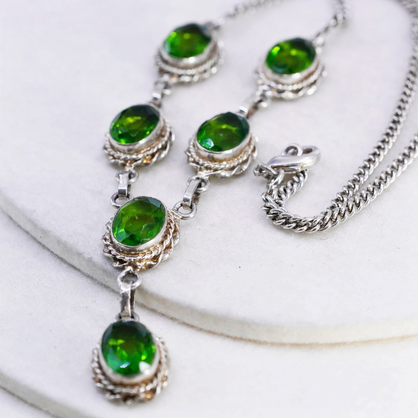 20” 3mm, vintage Sterling 925 silver handmade curb chain necklace with peridot